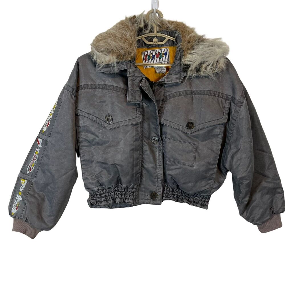 East West Aviator Bomber Airplane Women's Gray Streetwear 90s Jacket Med Vintage